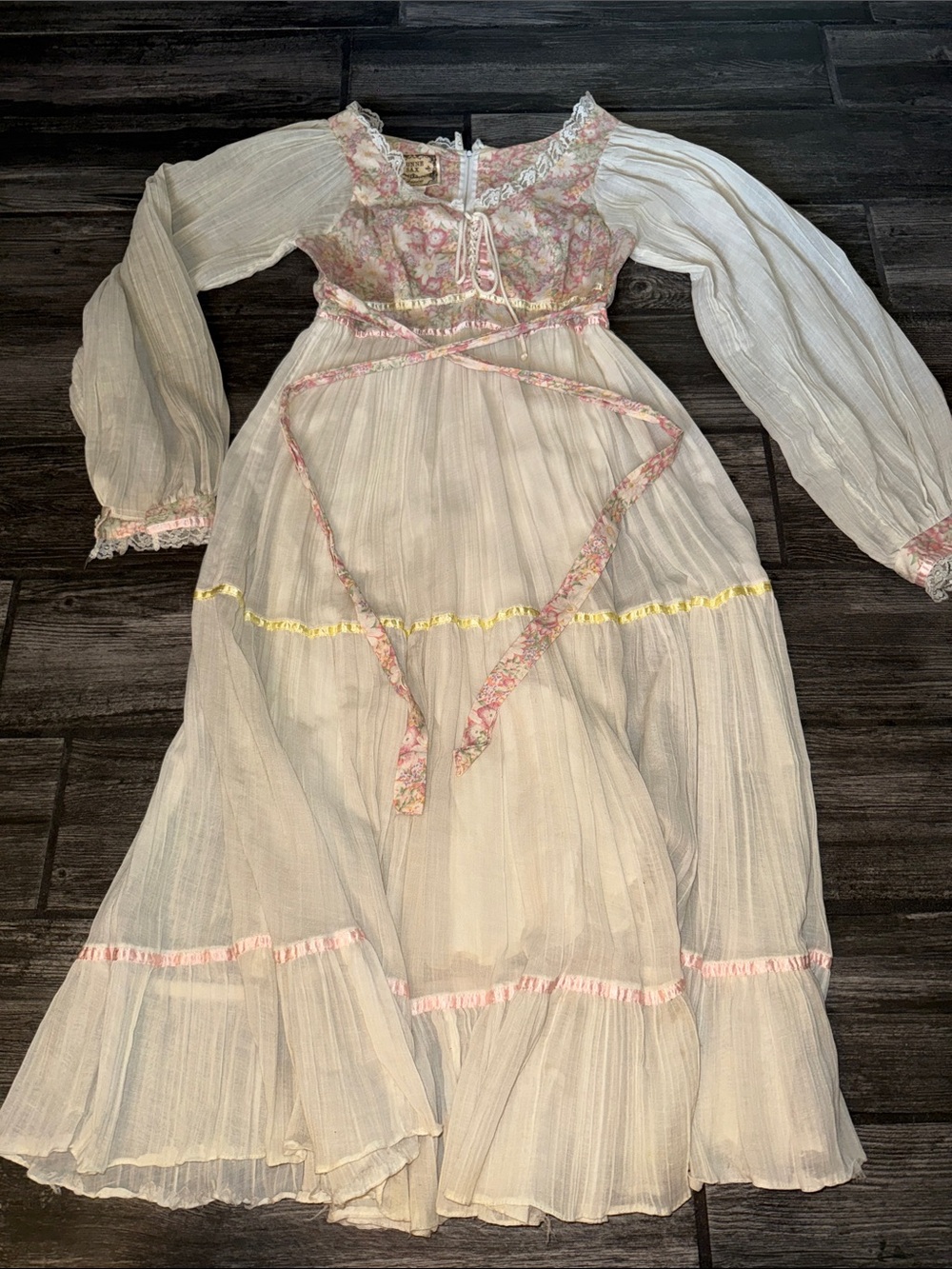 Gunne Sax White Maxi Dress with Pink Floral Bodice